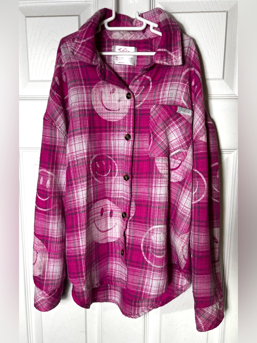 Justice Top Long Sleeve Lightweight Flannel Plaid Smiley Youth Kids Girls M (10)